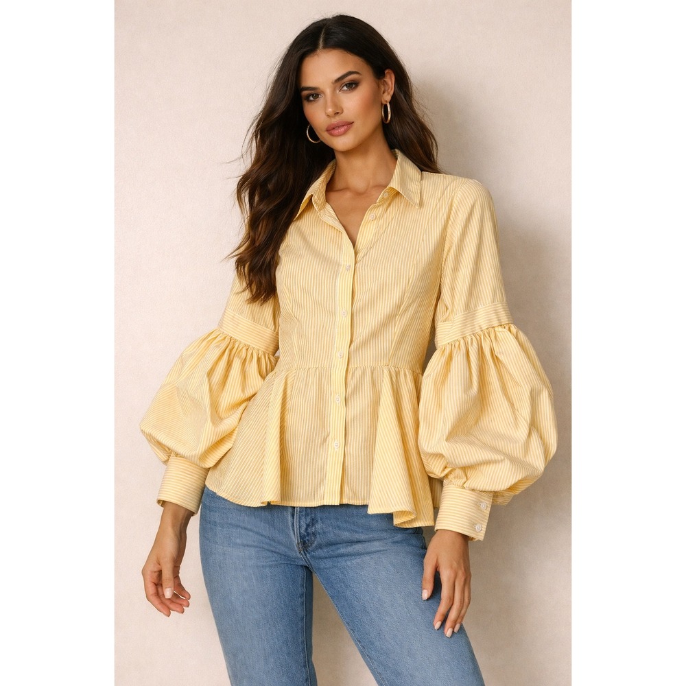 True‎ Destiny Yellow White Stripe Peplum Button Up Blouse Balloon Sleeve S